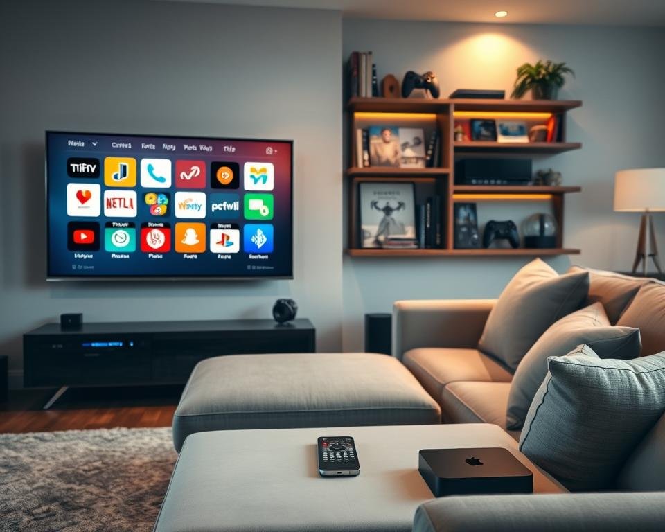 A modern living room with a sleek, flat-screen television prominently displaying multiple streaming app icons. In the foreground, a stylish coffee table with a remote control and a smartphone showing a streaming application. In the middle, a cozy sofa adorned with neutral-colored cushions, inviting viewers to connect with technology. The background features a wall-mounted bookshelf filled with tech magazines and smart devices like a streaming box and gaming console, representing compatibility. Soft, ambient lighting creates a warm atmosphere, highlighting the elegance of the room. Use a wide-angle lens to capture the entire scene, emphasizing the harmonious blend of comfort and technology in the home entertainment experience.