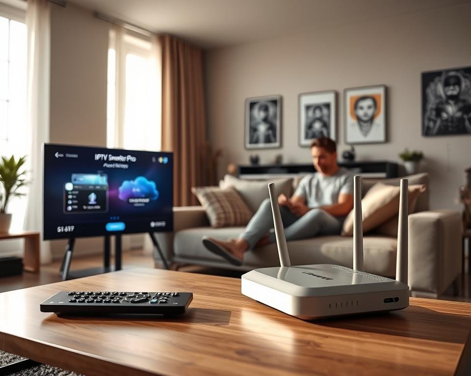 A modern living room with a sleek television displaying the IPTV Smarter Pro interface. In the foreground, a stylish coffee table holds a remote control and a high-speed internet router, symbolizing the prerequisites for IPTV activation. The middle layer features a comfortable sofa with a couple of tech-savvy individuals, a woman and a man, engaged in setting up the IPTV, both dressed in smart casual attire. In the background, soft natural light filters through a window, illuminating the room with a warm and inviting atmosphere. The walls are tastefully decorated with tech-related artwork, contributing to a contemporary vibe. The overall mood is focused and productive, emphasizing a seamless setup experience. A modern living room with a sleek television displaying the IPTV Smarter Pro interface. In the foreground, a stylish coffee table holds a remote control and a high-speed internet router, symbolizing the prerequisites for IPTV activation. The middle layer features a comfortable sofa with a couple of tech-savvy individuals, a woman and a man, engaged in setting up the IPTV, both dressed in smart casual attire. In the background, soft natural light filters through a window, illuminating the room with a warm and inviting atmosphere. The walls are tastefully decorated with tech-related artwork, contributing to a contemporary vibe. The overall mood is focused and productive, emphasizing a seamless setup experience.