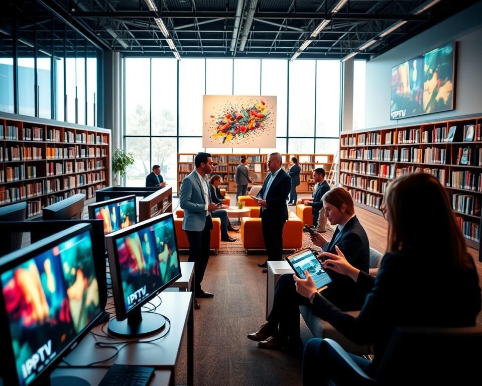 A modern multimedia library interior brimming with technology and creativity. In the foreground, sleek computer stations with high-resolution screens displaying vibrant IPTV content. The middle ground features a spacious area with comfortable seating arrangements, where professionals in smart business attire are engaged in discussions and viewing content on tablets. The background reveals large glass windows allowing natural light to pour in, highlighting bookshelves filled with multimedia resources. Soft ambient lighting enhances the inviting atmosphere, while an abstract digital art piece on the wall adds a contemporary touch. Capture the scene with a wide-angle lens to emphasize the openness and modernity of the space, creating a dynamic and inspiring environment.