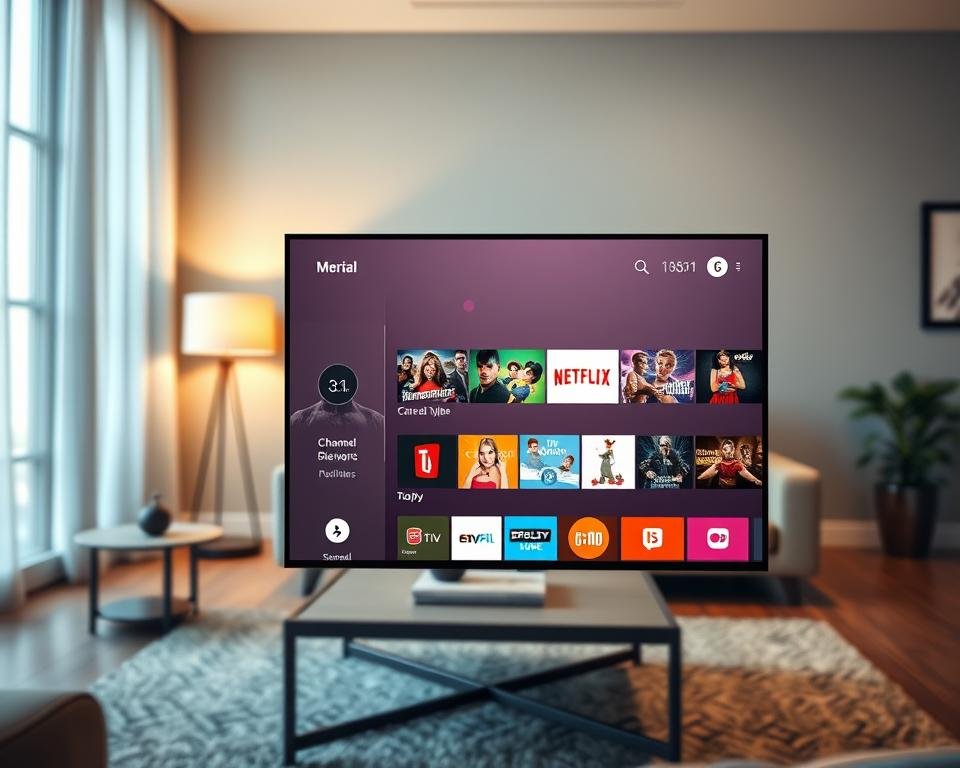 A modern navigation interface application designed for IPTV services on Android TV, prominently displayed in the foreground with a sleek, user-friendly layout. The screen showcases vibrant channel thumbnails and an intuitive menu, creating a seamless browsing experience. In the middle ground, a cozy living room scene features a stylish coffee table and comfortable couch, inviting viewers to imagine daily usage. The background includes soft ambient lighting from a floor lamp, enhancing the warm atmosphere. The image is captured from a slight angle, allowing for a dynamic perspective of the interface on a large TV screen. The overall mood is relaxed and inviting, emphasizing the convenience and enjoyment of navigating through media options effortlessly.