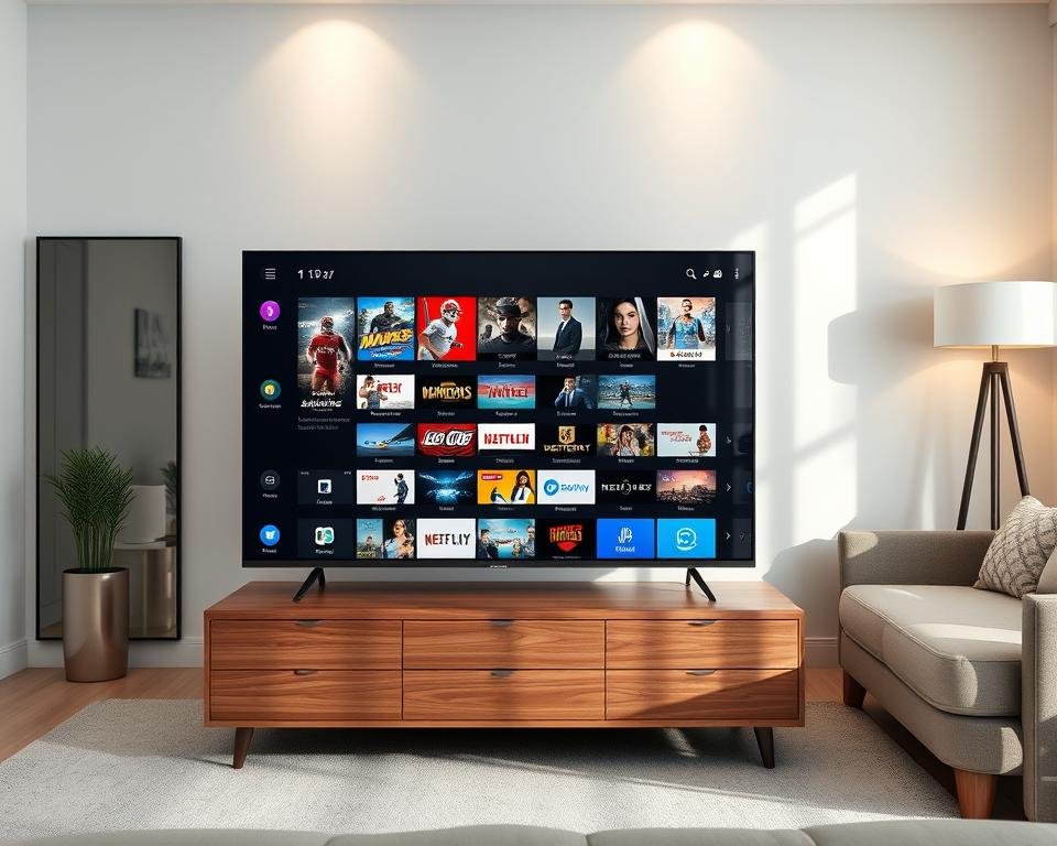 A modern navigation interface application for streaming IPTV, featuring a sleek and user-friendly design displayed on a large Smart TV screen in an elegant living room setting. The foreground shows a dynamic interface with vivid thumbnails for various channels, including sports, movies, and series, arranged in a visually appealing grid layout. In the middle, the TV is centered on a stylish wooden TV stand, surrounded by minimalistic décor, with a subtle reflection on the TV screen to enhance realism. The background highlights soft ambient lighting from modern lamps and a cozy couch, creating an inviting atmosphere. The overall mood conveys a sense of ease and enjoyment in daily entertainment use, captured from a slightly angled perspective to showcase both the TV and the interface effectively.
