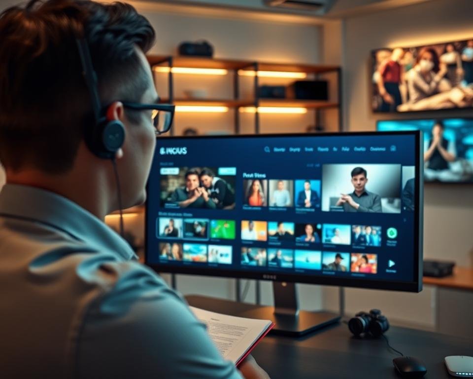 A modern office environment featuring a dedicated IPTV technical support agent assisting a client via a large computer monitor. The foreground shows a professional-looking individual, dressed in business attire, attentively listening and taking notes. The middle ground focuses on the computer screen displaying a user-friendly IPTV interface with vibrant thumbnails of TV shows and channels. In the background, there are shelves filled with tech gadgets and a wall-mounted TV showcasing a lively scene from a popular show. Soft, warm lighting illuminates the scene, creating an inviting atmosphere. The camera angle is slightly elevated, capturing both the client and the agent engaged in a productive discussion, emphasizing a sense of professionalism and reliable service. A modern office environment featuring a dedicated IPTV technical support agent assisting a client via a large computer monitor. The foreground shows a professional-looking individual, dressed in business attire, attentively listening and taking notes. The middle ground focuses on the computer screen displaying a user-friendly IPTV interface with vibrant thumbnails of TV shows and channels. In the background, there are shelves filled with tech gadgets and a wall-mounted TV showcasing a lively scene from a popular show. Soft, warm lighting illuminates the scene, creating an inviting atmosphere. The camera angle is slightly elevated, capturing both the client and the agent engaged in a productive discussion, emphasizing a sense of professionalism and reliable service.