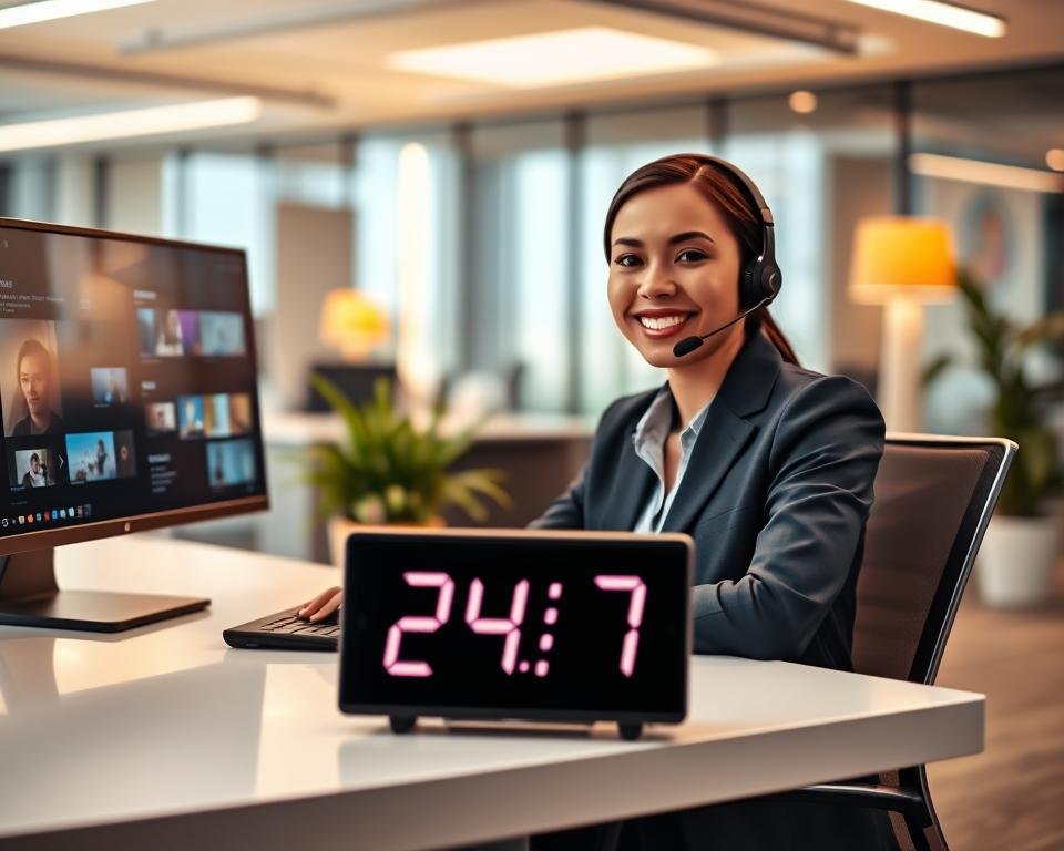 A modern office environment featuring a friendly customer support agent seated at a sleek desk with dual monitors displaying IPTV interfaces. The agent, a woman in professional attire, smiles warmly as she interacts with clients via a headset, exuding an approachable demeanor. In the middle ground, a digital clock displays "24/7" to emphasize availability. The background showcases a contemporary office with soft lighting and stylish decor, creating a welcoming atmosphere. A potted plant adds a touch of greenery to the setting. The warm lighting casts a gentle glow, enhancing the sense of support and reliability. The angle is slightly elevated to capture the entire scene, conveying a sense of professionalism and readiness to assist.