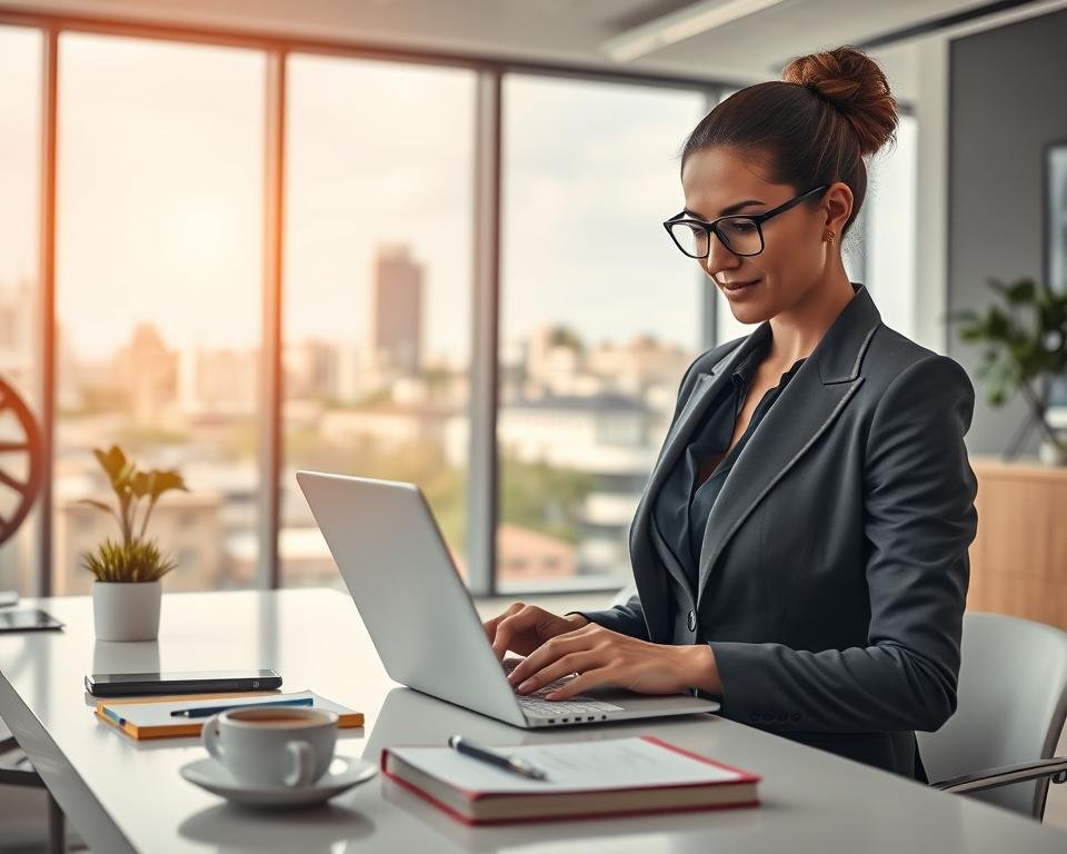 A modern office environment illustrating the "Processus de commande" for IPTV services in France. In the foreground, a confident professional woman in smart business attire is looking at a sleek laptop, showcasing the ordering interface on the screen with colorful IPTV channel options. In the middle ground, a stylish desk with notepads, a smartphone, and a cup of coffee adds to the busy yet organized atmosphere. The background features a large window displaying a scenic urban landscape, with soft natural light illuminating the scene, creating a welcoming and efficient mood. Capture the setting with a shallow depth of field to emphasize the subject, using a warm color palette to convey a sense of professionalism and approachability.