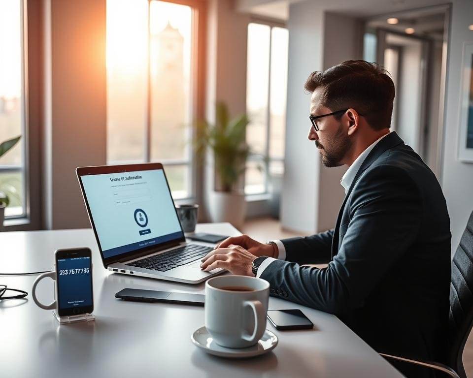 A modern office environment illustrating the process of ordering an IPTV subscription online. In the foreground, a focused individual in professional business attire is sitting at a sleek, minimalist desk, typing on a laptop with a bright screen displaying a subscription page. In the middle of the scene, various office supplies, like a smartphone showing the contact number +33 7 56 75 73 45, and a stylish coffee mug, add details to the workspace. The background features a large window with soft, natural light streaming in, casting a warm glow throughout the room. The atmosphere is professional and inviting, emphasizing a sense of modern convenience and digital connectivity.