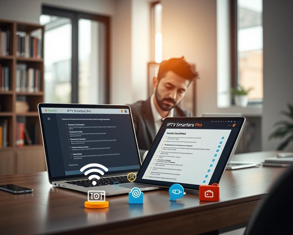 A modern office environment serves as the backdrop, showcasing a sleek desk with a laptop open, displaying IPTV Smarters Pro software. In the foreground, a focused professional in a smart business outfit is examining a list of technical requirements, emphasizing preparation and organization. The middle layer features colorful icons representing network connectivity, a Wi-Fi signal, and entertainment options subtly arranged around the desk. Soft, natural light filters in through a window, creating a warm and inviting atmosphere. A shallow depth of field highlights the professional's concentration while softly blurring the background, which includes a bookshelf filled with tech-related books. The overall mood conveys a sense of readiness and clarity, perfect for setting the tone for a technical activation guide.