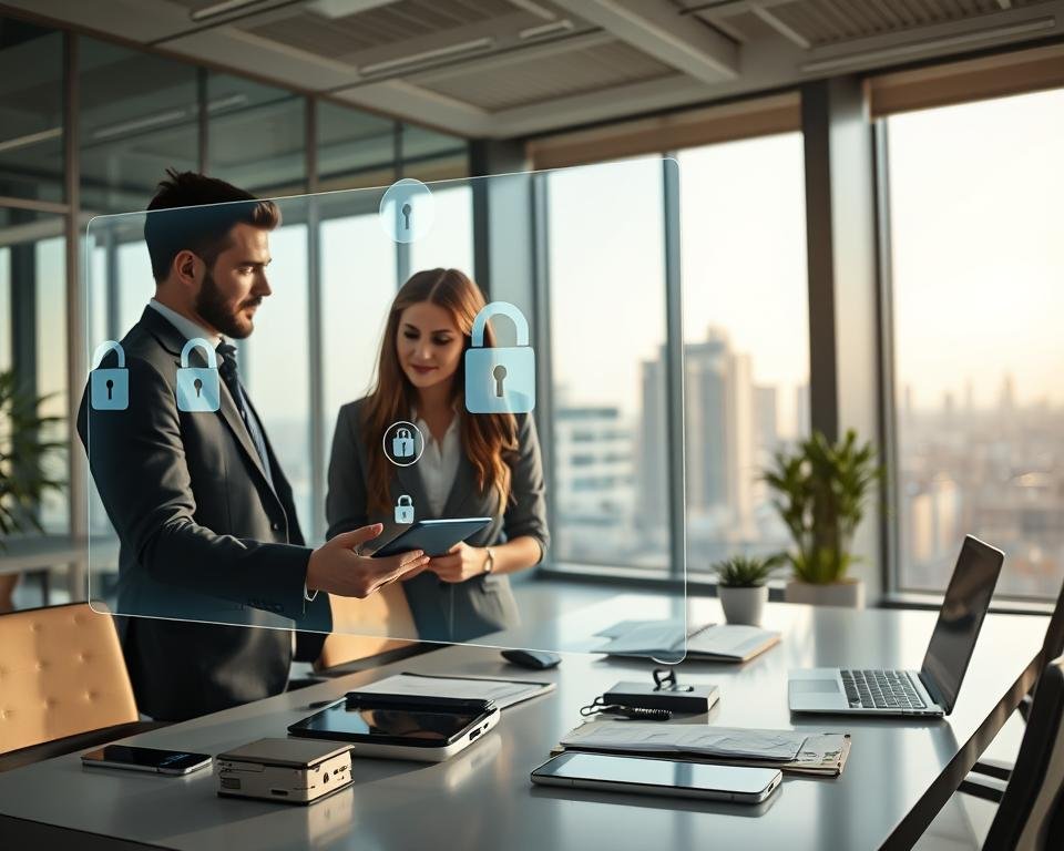 A modern office environment showcasing secure payment services. In the foreground, a professional man and woman in business attire are discussing over a digital tablet, looking at a transparent screen displaying symbols of secure payments like locks and shield icons. In the middle ground, a sleek desk with financial tools, credit cards, and digital devices is visible, emphasizing innovation. The background features large windows with a city skyline, casting soft, natural light into the room, enhancing a sense of trust and professionalism. The mood is focused and secure, conveying a sense of reliability in online transactions. The composition captures a harmonious balance between technology and professionalism, suitable for the theme of secure payment methods.