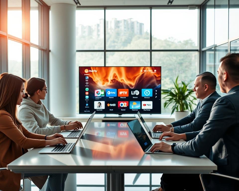 A modern office interior showcasing a professional team engaged in collaborative work. In the foreground, a diverse group of three individuals—one Asian woman and two Caucasian men—are seated around a sleek table with laptops open, discussing IPTV software updates. The middle layer features a large monitor showing a dynamic, colorful interface with icons representing various channels and features, symbolizing regular updates. The background is adorned with large windows allowing natural light to fill the space, giving a sense of openness and innovation. The atmosphere is vibrant yet focused, emphasizing teamwork and technological advancement. Soft lighting enhances the welcoming environment, shot with a wide-angle lens to capture the full scene effectively.