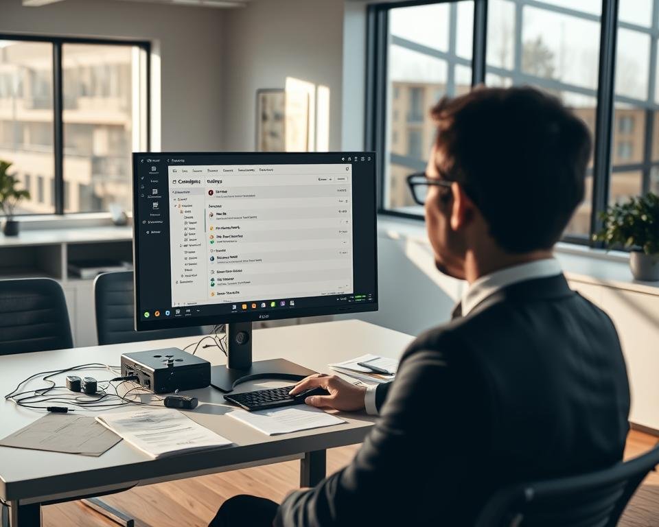 A modern office setting featuring a computer screen displaying a configuration application interface for streaming services. In the foreground, a professional person in business attire is intently focused on the screen, adjusting settings with a mouse. The midground showcases a sleek desk with tech gadgets, cables, and paperwork scattered around, indicating an active workflow. The background contains a large window letting in natural light, casting soft shadows across the room. The overall atmosphere is one of productivity and concentration, with a slightly warm color palette that conveys a welcoming yet professional mood. The lighting is bright but not harsh, emphasizing clarity and focus on the configuration application.