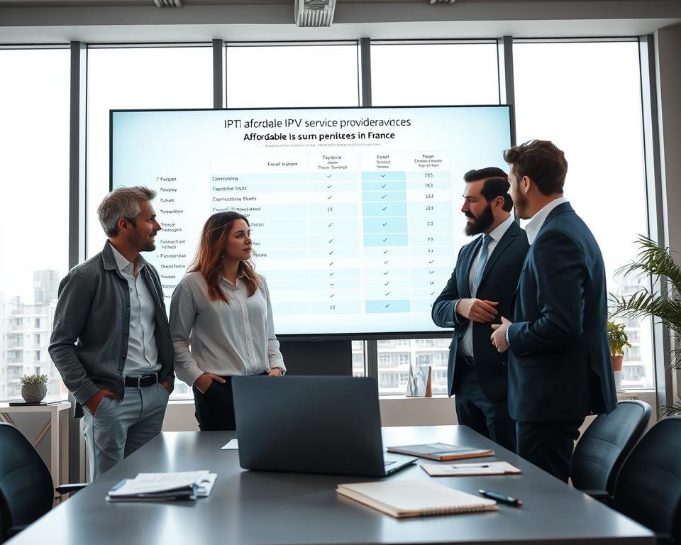 A modern office setting featuring a digital display screen showcasing a comparative chart of affordable IPTV service providers in France. In the foreground, a diverse group of three professionals (two men and one woman) are analyzing the chart, dressed in smart casual attire. The middle ground shows a sleek desk with a laptop, papers, and a notepad filled with notes. The background contains large windows with natural light streaming in, creating a bright and professional atmosphere. The room should have a contemporary design with stylish decor to emphasize a business environment. The angle is slightly elevated, capturing the teamwork and concentration of the individuals as they discuss and compare options in a collaborative setting. A modern office setting featuring a digital display screen showcasing a comparative chart of affordable IPTV service providers in France. In the foreground, a diverse group of three professionals (two men and one woman) are analyzing the chart, dressed in smart casual attire. The middle ground shows a sleek desk with a laptop, papers, and a notepad filled with notes. The background contains large windows with natural light streaming in, creating a bright and professional atmosphere. The room should have a contemporary design with stylish decor to emphasize a business environment. The angle is slightly elevated, capturing the teamwork and concentration of the individuals as they discuss and compare options in a collaborative setting.