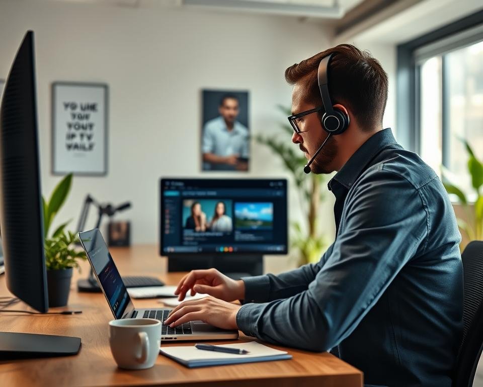 A modern office setting featuring a professional support technician engaged in troubleshooting an IPTV application on a sleek monitor. In the foreground, a focused individual, dressed in smart casual attire, interacts with a laptop displaying the Smarters Pro interface. The technician appears collaborative, utilizing a headset and gesturing towards the screen. In the middle ground, a tidy desk with essential tools like notepads and a coffee cup adds to the atmosphere of productivity. The background shows a clean office space with inspirational posters on the walls and plants that enhance the ambiance. Soft, natural lighting illuminates the scene, creating a welcoming environment. The camera angle is slightly elevated, capturing both the technician's concentration and the professional interior. The overall mood is one of efficiency and support.