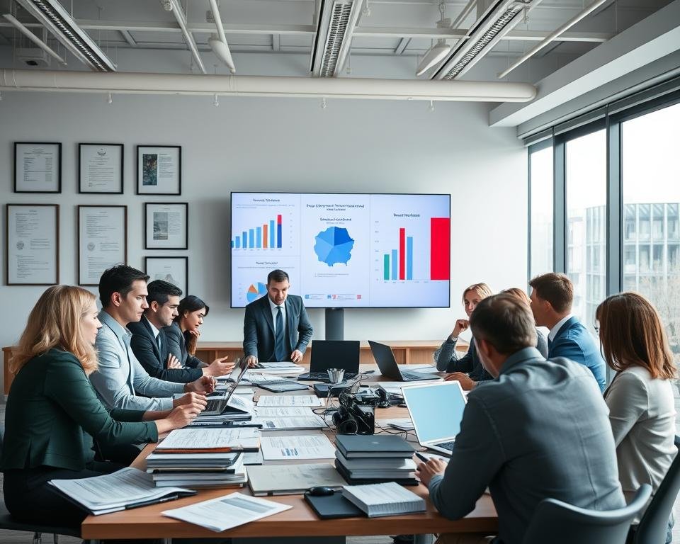 A modern office setting focused on legal aspects of streaming in France. In the foreground, a diverse group of professional individuals dressed in business attire are engaged in discussion around a conference table stacked with legal documents and laptops. The middle ground features a large screen displaying graphs and chart visualizations related to streaming regulations. In the background, the office is adorned with framed legal documents and imagery of the French flag, symbolizing national law. Soft, natural lighting streams through large windows, creating a bright and optimistic atmosphere. The camera angle is slightly elevated, capturing both the collaborative spirit of the group and the informative visuals on the screen. The overall mood is serious yet engaging, reflecting the importance of understanding legal regulations in streaming.