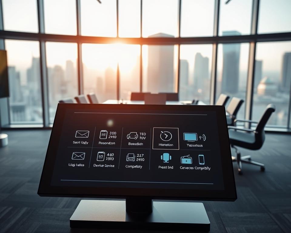 A modern office setting showcasing the technical features of an IPTV service. In the foreground, a sleek, high-tech touchscreen interface displays various features like resolution quality, bandwidth requirements, and device compatibility icons. In the middle ground, a polished conference table is set with a laptop and digital devices, suggesting a business meeting. The background features large windows with a cityscape view, bathed in warm natural sunlight, enhancing the professional atmosphere. Use a wide-angle lens to emphasize depth, with a focus on the touchscreen interface. The mood should be informative and cutting-edge, reflecting the innovation of streaming technology in a corporate environment. Ensure there are no text overlays or people present in the scene.
