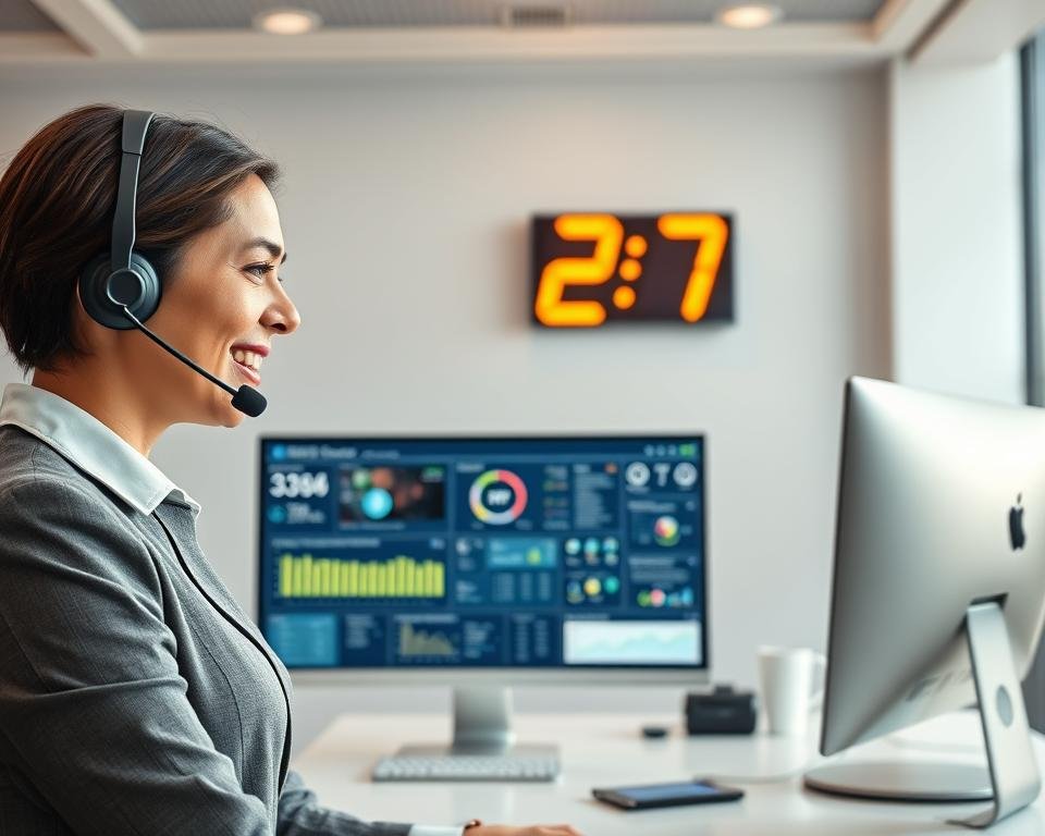 A modern office setting that vividly illustrates "Support Client 24/7 et Assistance Technique." In the foreground, a friendly customer service representative, dressed in professional attire, is engaged in a conversation via headset, showcasing a warm and attentive expression. The middle layer features a sleek desk with a high-tech computer displaying IPTV service analytics and support tools, emphasizing the technical aspect of client assistance. In the background, a digital clock displaying "24/7" prominently signals the constant availability of support. The lighting is bright and inviting, with soft, diffused light creating a professional yet approachable atmosphere. The angle is slightly elevated to capture the dynamics of the interaction while ensuring a clean, uncluttered workspace is visible, symbolizing efficiency and reliability in client support services.