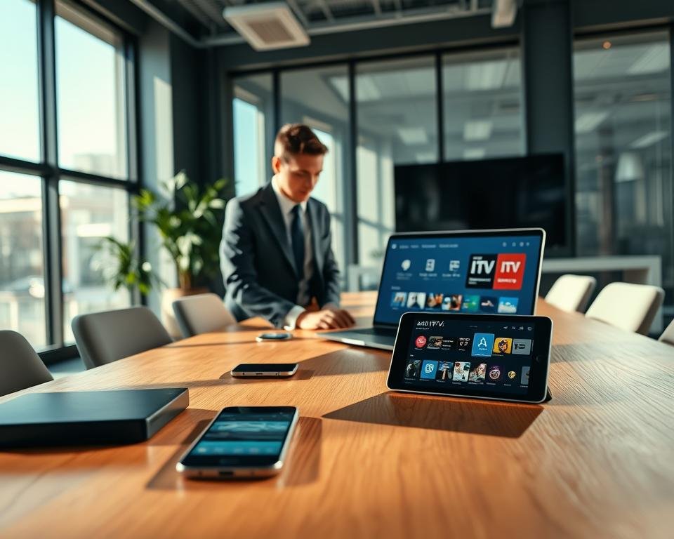 A modern office setting with a focus on a sleek wooden desk in the foreground, where a professional in business attire is engaged in activating an IPTV subscription. The person is looking at a laptop with IPTV activation details on the screen, showcasing vibrant graphics and icons. Surrounding them, in the middle ground, are tech gadgets like a smartphone and a tablet displaying streaming apps. In the background, large windows allow natural light to flood the room, creating a bright and welcoming atmosphere. Soft shadows play across the desk, and the overall mood conveys efficiency and excitement about the new subscription. The camera angle is slightly elevated, capturing the action from a dynamic perspective.