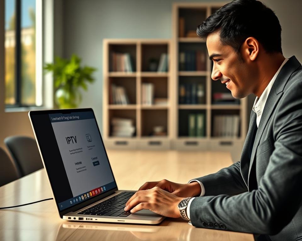 A modern office setting with a sleek desk featuring a laptop open to a user-friendly IPTV setup interface. In the foreground, an individual in smart casual attire, focused on the screen, demonstrates the easy activation process. The user’s hands are poised over the keyboard, and their expression conveys concentration and satisfaction. In the middle, there are vibrant icons representing various IPTV options, showcasing the simplicity and efficiency of the service. The background includes a stylish bookshelf and a soft-focus window displaying a sunny day, adding an inviting atmosphere. Bright, natural lighting illuminates the scene, creating a warm and professional mood. The camera angle is slightly above, capturing the workspace and emphasizing the ease of configuration.