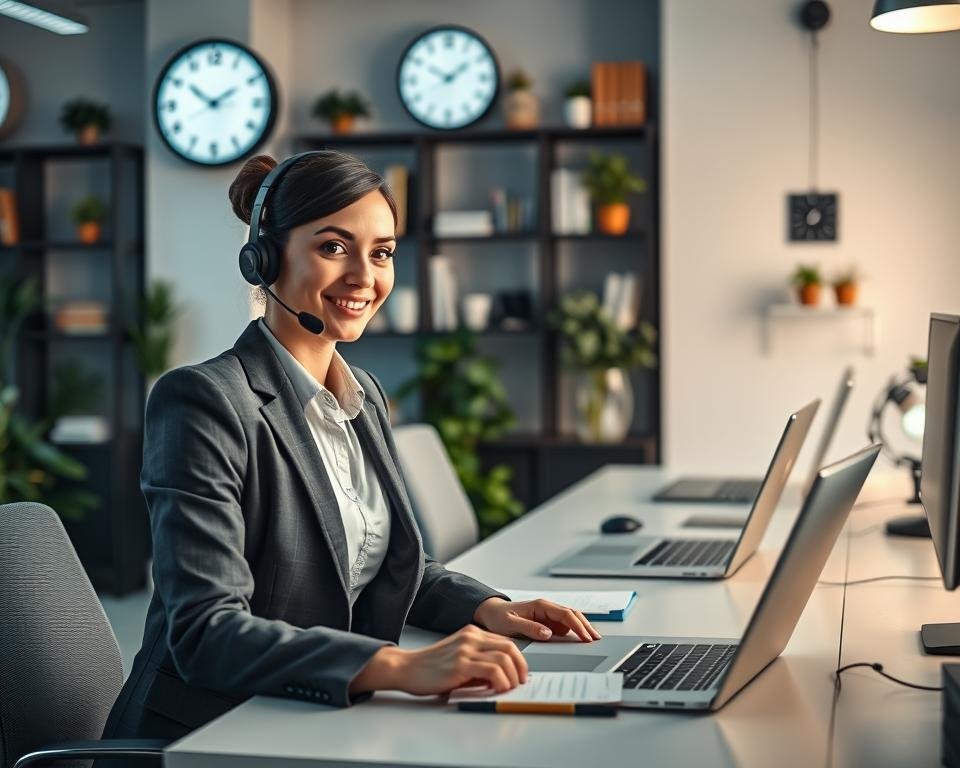 A modern, professional office environment illustrating 24/7 client support. In the foreground, a friendly customer service representative wearing smart business attire, engaged in a conversation via a headset, conveying attentiveness and professionalism. In the middle, a sleek desk with open laptops and notepads, indicating active communication. Various call center tools, like a wall clock displaying the time as midnight, emphasize the continuous support available. In the background, soft lighting creates a warm and inviting atmosphere, with shelves filled with books and plants, enhancing the feeling of a supportive workspace. The overall mood is calm and reassuring, highlighting the dedication to client satisfaction and assistance at any hour.