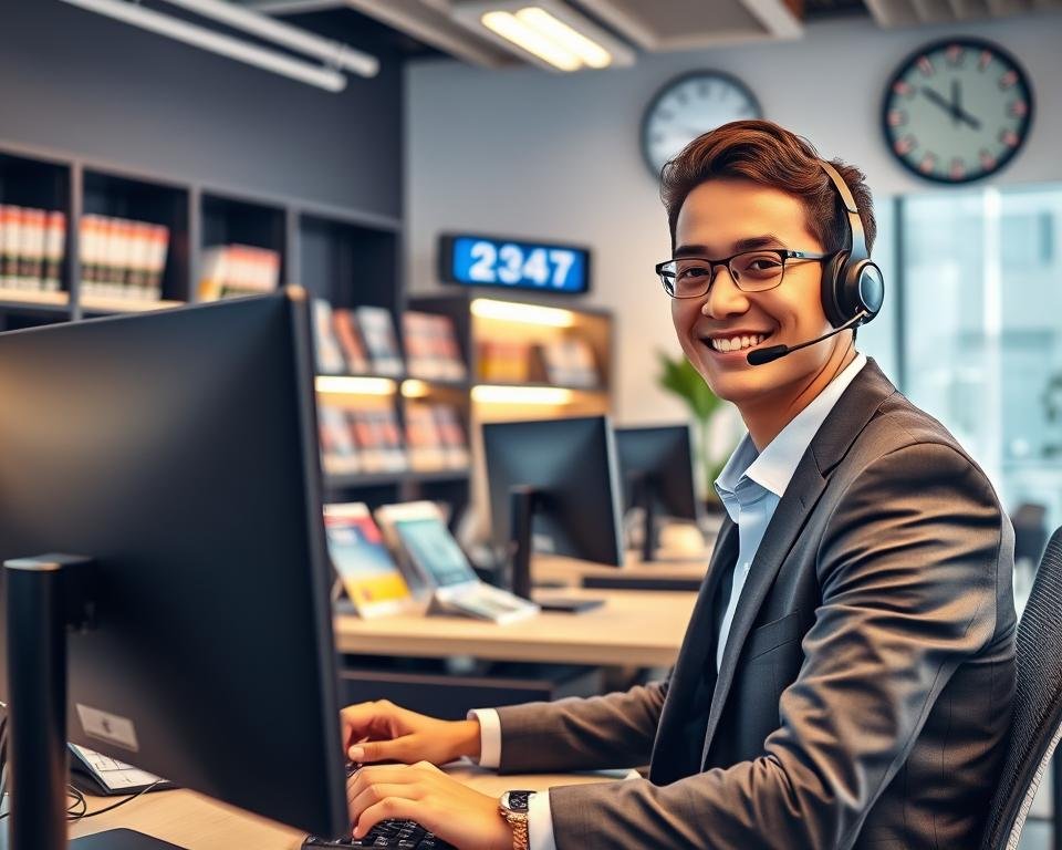 A modern, professional support center environment showcasing a friendly customer service representative in a sleek office setting. The foreground features the representative, a young adult in smart business attire, sitting at a desk with a headset on, interacting positively with a computer screen displaying data. In the middle ground, a well-organized workspace includes audio equipment and service brochures, indicating a focus on 24/7 availability. The background captures elements like shelves filled with technology books and a clock showing different time zones, emphasizing global support. The lighting is warm and inviting, creating a welcoming atmosphere. The image conveys efficiency, professionalism, and a commitment to customer care, perfect for representing continuous support services.