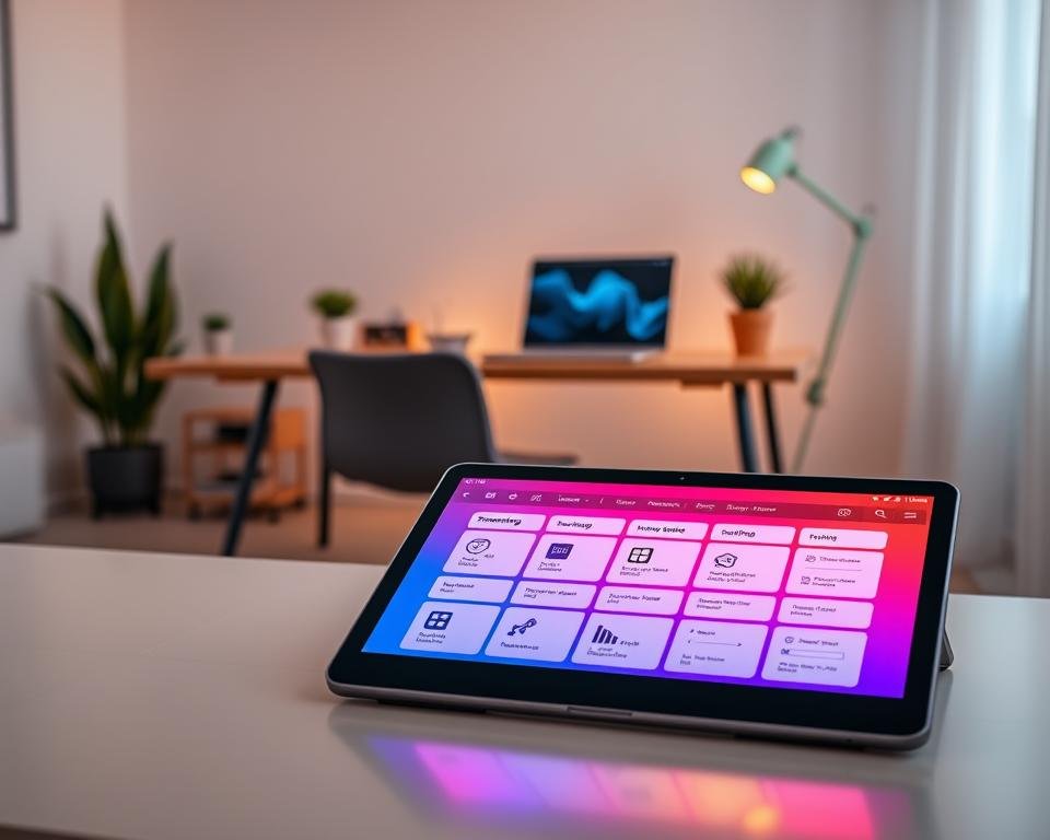 A modern, sleek configuration application interface displayed on a high-resolution tablet. In the foreground, the tablet glows with vibrant colors, showcasing a user-friendly dashboard filled with intuitive icons illustrating streaming options and settings. The middle ground features an organized workspace with a minimalist desk, complete with a stylish laptop and a potted plant, emphasizing a productive atmosphere. In the background, a softly lit room with ambient lighting creates a cozy yet professional vibe, hinting at a home office setup. The overall mood should be inviting and tech-savvy, with a blend of natural light and gentle shadows to enhance the sleek sophistication of the scene. A slight aerial angle captures the essence of ease and accessibility in configuring the application.
