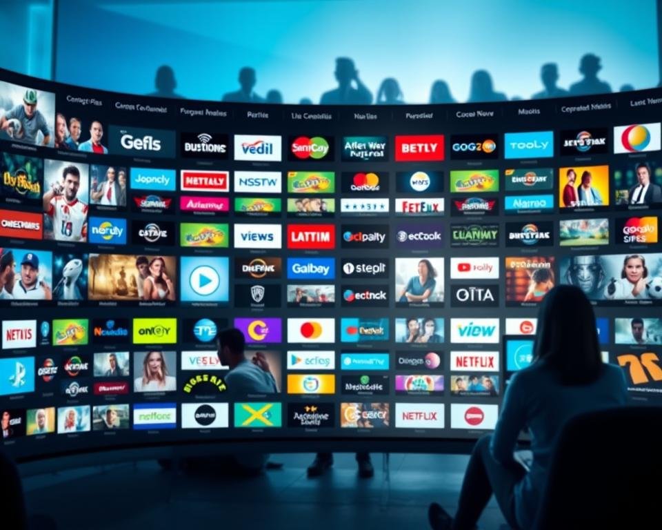 A modern, sleek digital interface showcasing an exhaustive catalogue of international TV channels. In the foreground, vibrant icons representing various genres such as sports, movies, news, and documentaries, all rendered in a polished, user-friendly layout. The middle ground features a subtle gradient backdrop blending blues and whites, evoking a sense of technology and innovation. In the background, faint silhouettes of diverse viewers engaged with screens, suggesting a global audience. The lighting is soft yet bright, focusing on the catalogue while creating an inviting atmosphere. The angle is slightly tilted to give a dynamic perspective, making viewers feel as if they are interacting with the content live. The overall mood is energetic and inviting, perfect for an international multimedia experience.
