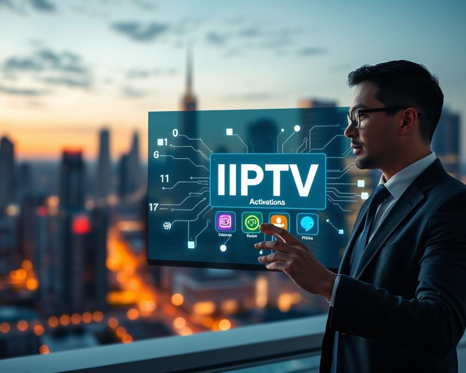 A modern, sleek digital interface showcasing the concept of "Immediate Activation Process". In the foreground, a professional individual in business attire is interacting with a high-tech touchscreen device displaying vibrant icons representing IPTV services. In the middle, an abstract representation of data flow, with illuminated arrows and streams of binary code illustrating seamless activation and connectivity. The background features a blurred city skyline at dusk, with glowing buildings suggesting a tech-savvy urban environment. Soft, ambient lighting casts a professional atmosphere, enhancing the sense of innovation and immediacy. The overall mood is dynamic and forward-thinking, emphasizing efficiency and cutting-edge technology without any text or overlays.