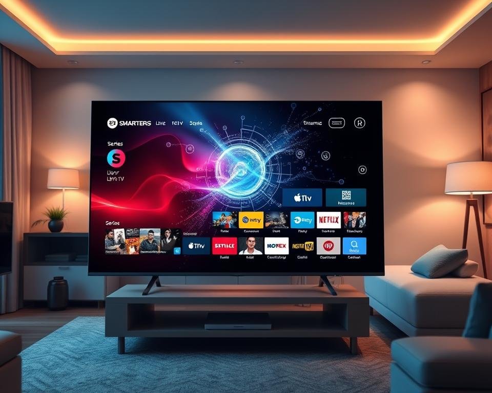 A modern, sleek digital interface showcasing the main features of Smarters Pro IPTV. In the foreground, display a vibrant, high-definition television screen featuring a dynamic menu interface with streaming options like live TV, movies, and series. The middle layer includes an abstract representation of streaming technology, with flowing data streams and icons representing various content genres. The background features a stylish living room environment with soft, ambient lighting, emphasizing a cozy yet high-tech atmosphere. The overall mood conveys innovation and excitement, capturing the essence of cutting-edge entertainment technology. Use a well-defined perspective, resembling a close-up shot to engage viewers with the details.