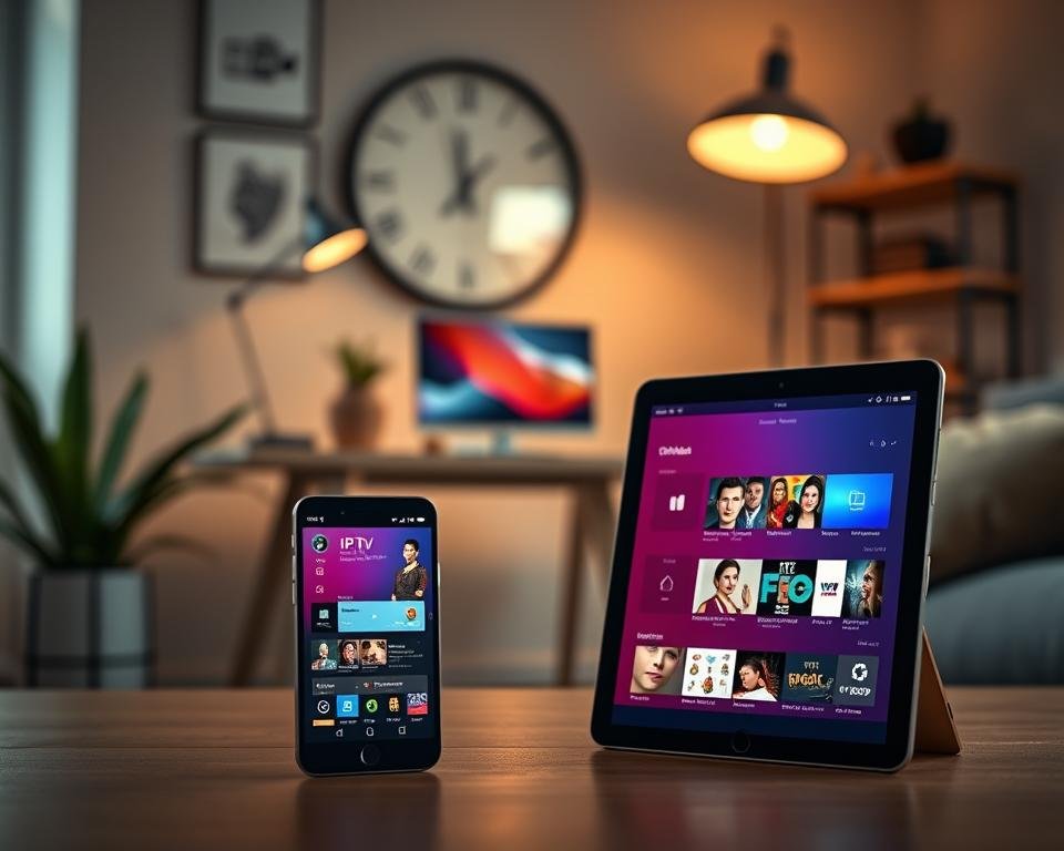 A modern, sleek iPhone and iPad showcasing the IPTV Smarters Pro app on their screens, positioned prominently in the foreground. The devices' displays light up with the vibrant interface of the app, featuring colorful thumbnails of channels and smooth navigation elements. In the middle ground, a stylish, minimalist workspace with a softly blurred background, incorporating elements like a desk, a potted plant, and dimmed natural light filtering through a window, enhancing the cozy atmosphere. Use a warm, inviting color palette to create a sense of ease and accessibility. Capture the scene with a soft-focus lens to emphasize the foreground devices, with a subtle depth of field, conveying a mood of technology and comfort in home entertainment. The overall setting should evoke a sense of readiness to explore digital content effortlessly.