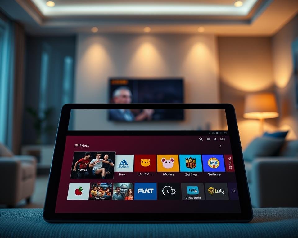 A modern, sleek interface of an IPTV application displayed on a high-resolution tablet. In the foreground, the tablet showcases a vibrant, user-friendly home screen with large, colorful icons representing various functionalities such as Live TV, Movies, and Settings. The middle ground features a cleanly designed menu, emphasizing easy navigation. The background is a softly blurred living room setting with ambient lighting, creating a cozy atmosphere. The scene should capture a sense of innovation and technology, with a warm color palette. Soft shadows should enhance the depth, and the overall mood should be inviting and accessible, suitable for users exploring their new IPTV application.