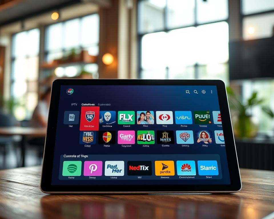 A modern, sleek interface of the IPTV Smarters Pro application displayed on a high-resolution tablet. In the foreground, the tablet is prominently centered, showcasing the app's vibrant, user-friendly layout with colorful icons representing various TV channels. The middle layer features a blurred coffee shop setting, hinting at a relaxed viewing environment where users enjoy streaming content. In the background, soft natural light filters through large windows, creating a warm and inviting atmosphere. The overall mood is friendly and engaging, ideal for individuals seeking the best in television streaming services. The scene is shot from an angle that highlights the tablet, with a focus on the app interface, ensuring clarity and detail.
