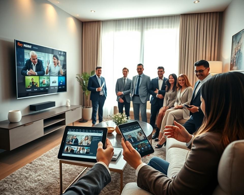 A modern, sleek living room featuring various digital devices displaying streaming content: a smart TV mounted on the wall, a tablet on a coffee table, and a smartphone in a user's hand. In the foreground, a diverse group of people in professional business attire, smiling and interacting with the devices, creating a sense of connection and enjoyment. The middle ground showcases cozy furniture and elegant decor, while the background reveals a bright window with natural light pouring in, enhancing the inviting atmosphere. Use soft, warm lighting to evoke a welcoming feel, with a focus on the tech compatibility theme. The angle should be slightly elevated, capturing the interaction among devices and users, emphasizing the idea of accessibility and versatility across all platforms.