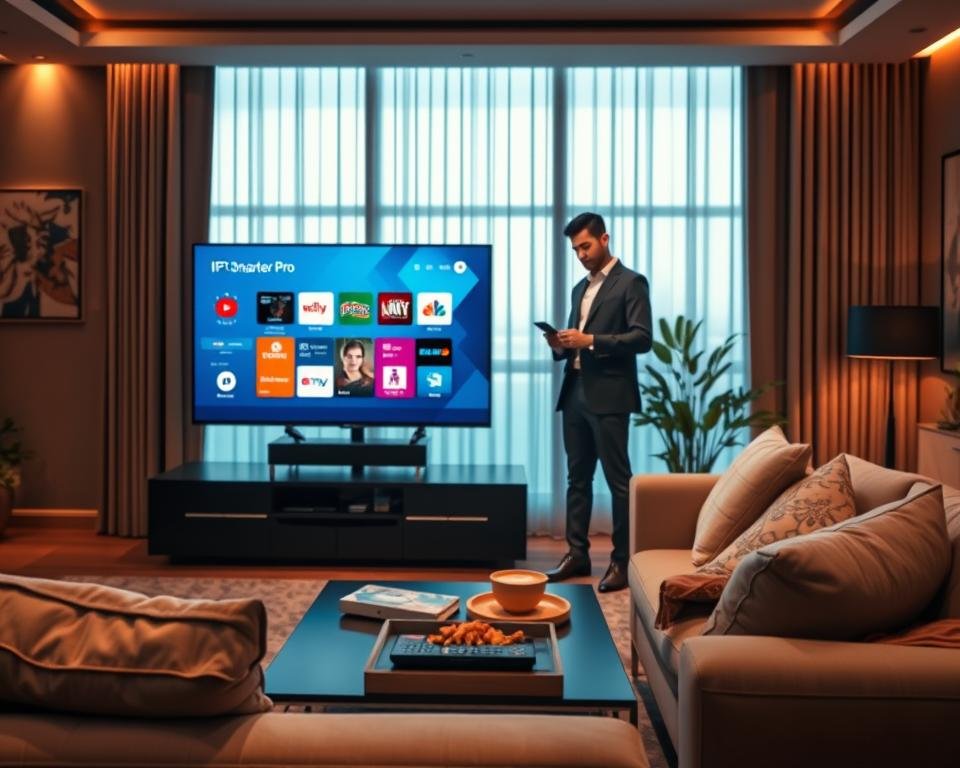 A modern, sleek living room setting featuring a stylish flat-screen TV displaying the IPTV Smarter Pro interface. In the foreground, a comfortable sofa with plush pillows invites relaxation. A coffee table holds a remote control, snacks, and a smartphone, symbolizing user engagement with IPTV services. In the middle, a well-dressed professional, casually browsing on the smartphone, embodies the target audience. The background consists of a tastefully decorated wall with ambient lighting, creating a warm and inviting atmosphere. Soft, diffused light enters through large windows, casting a gentle glow across the room, enhancing the focus on the IPTV service. The overall mood is positive and modern, reflecting convenience and entertainment in everyday life.