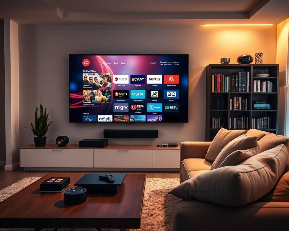 A modern, sleek living room setting, showcasing a large, high-definition television mounted on the wall, displaying the Binga IPTV interface, which features intuitive navigation and vibrant visuals. In the foreground, a stylish coffee table holds a remote control and digital devices, suggesting convenience and innovation. The middle ground includes a comfortable couch adorned with soft cushions, inviting relaxation. Bright, warm lighting casts a cozy ambiance throughout the room, creating an inviting atmosphere. The background features a stylish bookshelf filled with various media, enhancing the theme of entertainment. The overall mood evokes a sense of modernity and comfort, highlighting Binga IPTV as a complete and stable solution for streaming entertainment.