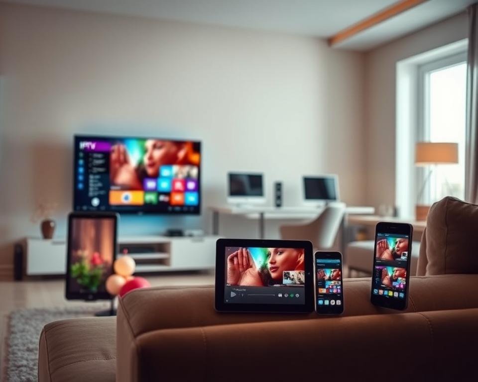A modern, sleek living room showcasing various devices compatible with IPTV subscriptions. In the foreground, a stylish TV stands prominently, displaying a vibrant, colorful interface. Beside it, a tablet and a smartphone show the same IPTV content, suggesting seamless compatibility. In the middle ground, a desktop computer is positioned on a minimalistic desk, with a cozy armchair nearby. Soft, warm lighting creates an inviting atmosphere, highlighting the sleek designs of the devices. The background features a bright window with natural light filtering through, enhancing the sense of a contemporary, tech-savvy home environment. The mood is friendly and accessible, appealing to a diverse audience of tech lovers.