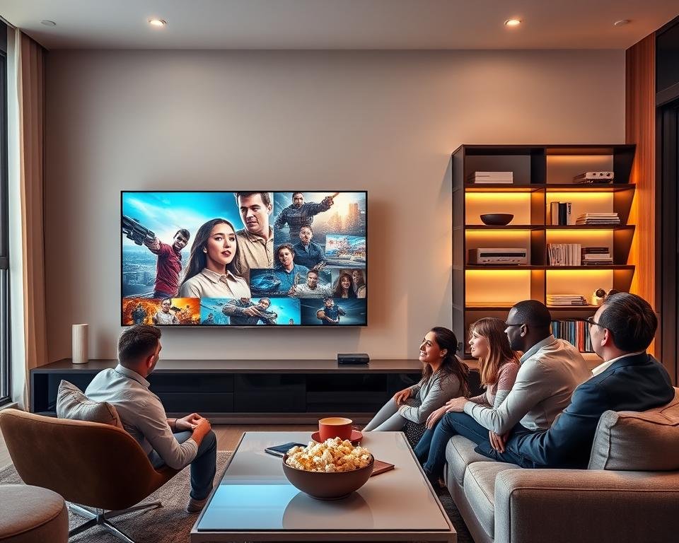 A modern, sleek living room with a stylish entertainment center showing a vibrant IPTV screen filled with high-definition content. In the foreground, a family of four, dressed in professional casual attire, is gathered around the large TV, their expressions filled with excitement and engagement. They are seated comfortably on a plush sofa, with popcorn and drinks on a chic coffee table. In the middle ground, sleek shelves display a collection of DVDs and digital devices, emphasizing the theme of exceptional content. The background features large windows letting in warm, natural light, creating an inviting and cozy atmosphere. The mood is warm and familial, highlighting the joy of shared entertainment experiences in a contemporary setting.