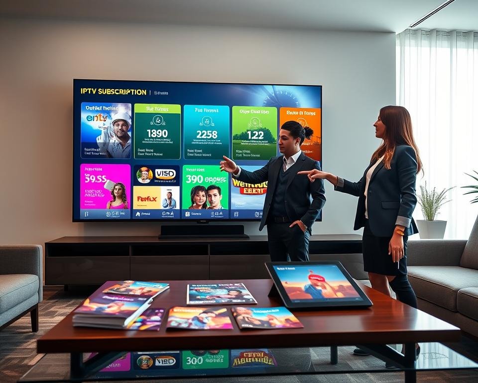 A modern, sleek lounge setting with a large flat-screen TV showcasing various IPTV subscription plans on vibrant digital screens. In the foreground, a stylish coffee table is adorned with brochures and tablets, displaying colorful graphics of the subscription options. In the middle, two professional individuals, a man and a woman in business attire, engage in discussion, pointing to the screen with enthusiasm. The background features a bright window with natural light streaming in, emphasizing a warm, inviting atmosphere. Use a warm color palette to create a friendly and constructive mood, with soft shadows to add depth, shot with a slightly wide-angle lens to capture the entire scene effectively.