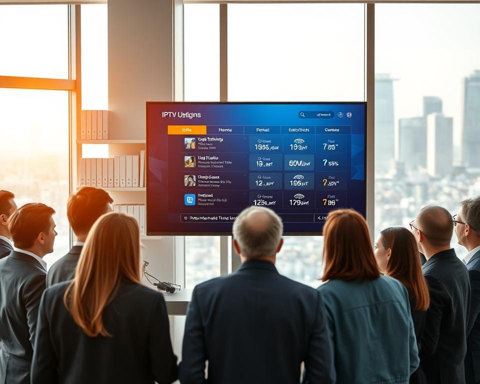 A modern, sleek office setting focusing on a television screen displaying an IPTV configuration interface. In the foreground, a diverse group of professionals, dressed in business attire, are engaged in discussion while examining the screen. The middle section features a detailed view of the interface showing channel options and signal strength indicators, with graphical elements representing internet bandwidth stats. The background includes shelves with technical books and a window revealing a cityscape bathed in natural light, creating a bright and optimistic atmosphere. The image is captured from a slightly elevated angle, giving a comprehensive view of the scene, emphasizing collaboration and technical expertise in IPTV technology. A modern, sleek office setting focusing on a television screen displaying an IPTV configuration interface. In the foreground, a diverse group of professionals, dressed in business attire, are engaged in discussion while examining the screen. The middle section features a detailed view of the interface showing channel options and signal strength indicators, with graphical elements representing internet bandwidth stats. The background includes shelves with technical books and a window revealing a cityscape bathed in natural light, creating a bright and optimistic atmosphere. The image is captured from a slightly elevated angle, giving a comprehensive view of the scene, emphasizing collaboration and technical expertise in IPTV technology.