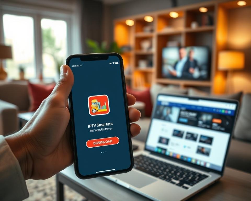 A modern, sleek smartphone displaying the IPTV Smarters application interface, prominently featuring its download button. In the foreground, the phone is held by a person dressed in smart casual attire, with their hand positioned in a way that emphasizes the screen. The middle ground showcases a laptop with the IPTV Smarters website open, suggesting compatibility and installation options. The background is a cozy living room with soft, warm lighting, framed by a stylish bookshelf and a comfortable sofa. The atmosphere is inviting and tech-savvy, ideal for a user looking to enhance their television experience. Use a shallow depth of field to bring attention to the phone, capturing vibrant colors on the screen while maintaining a soft focus on the surrounding room.