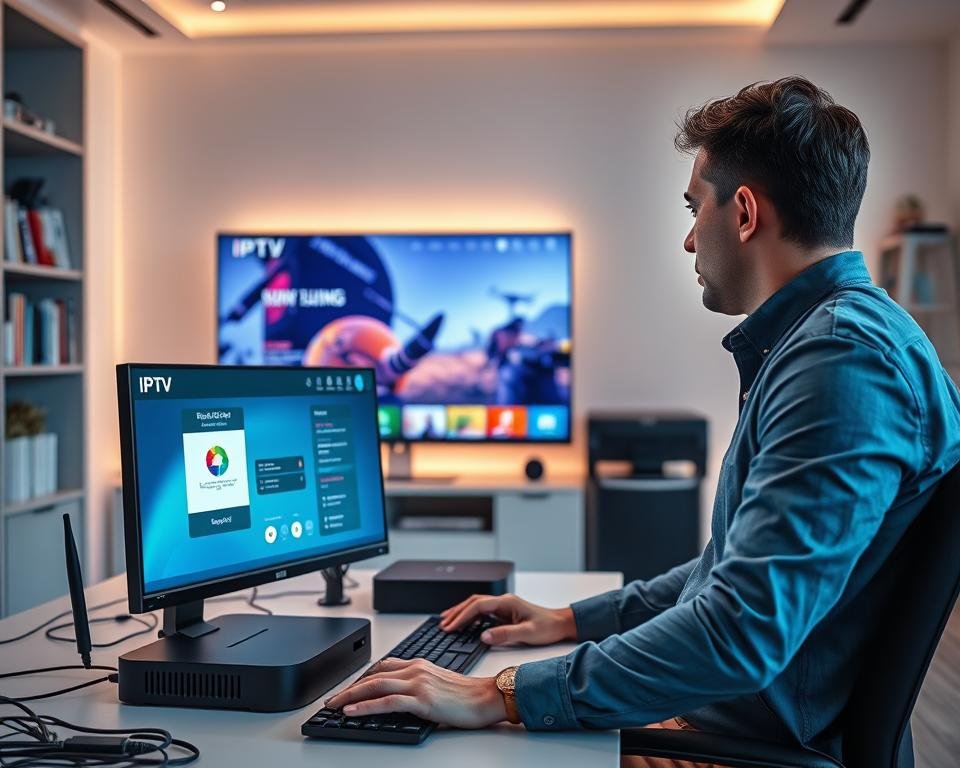 A modern, sleek workspace depicting the installation and configuration of IPTV Streaming Pro. In the foreground, a professional technician in smart casual clothing is seated at a desktop computer, focused on the screen displaying IPTV setup software. The middle ground features a large high-definition television, showcasing vibrant streaming content, adjacent to a router with visible cables. In the background, soft ambient lighting creates a welcoming atmosphere, with shelves of tech books and equipment. The scene captures a sense of innovation and expertise, reflecting a high-tech environment. The angle is slightly elevated, providing a clear view of the workspace and the IPTV installation process, conveying a mood of clarity and efficiency.