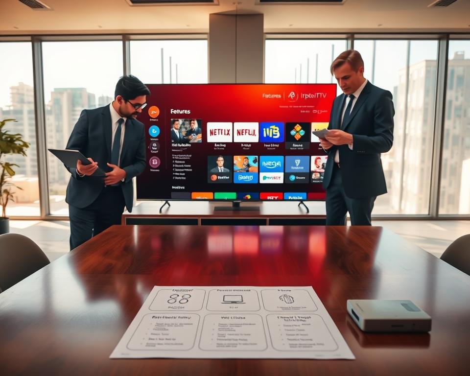 A modern, sleek workspace featuring a high-quality IPTV setup. In the foreground, a stylish flat-screen TV displays a colorful array of IPTV streaming options. To the left, a professional in business attire adjusts the settings on a tablet, while on the right, another professional discusses features using a notepad. The middle ground features diagrams of technical criteria like bandwidth, resolution, and device compatibility, all neatly arranged on a polished table. The background consists of a bright office with natural light streaming through large windows, creating an inviting yet focused atmosphere. Soft shadows and warm lighting enhance the mood of innovation and professionalism in the scene. A modern, sleek workspace featuring a high-quality IPTV setup. In the foreground, a stylish flat-screen TV displays a colorful array of IPTV streaming options. To the left, a professional in business attire adjusts the settings on a tablet, while on the right, another professional discusses features using a notepad. The middle ground features diagrams of technical criteria like bandwidth, resolution, and device compatibility, all neatly arranged on a polished table. The background consists of a bright office with natural light streaming through large windows, creating an inviting yet focused atmosphere. Soft shadows and warm lighting enhance the mood of innovation and professionalism in the scene.
