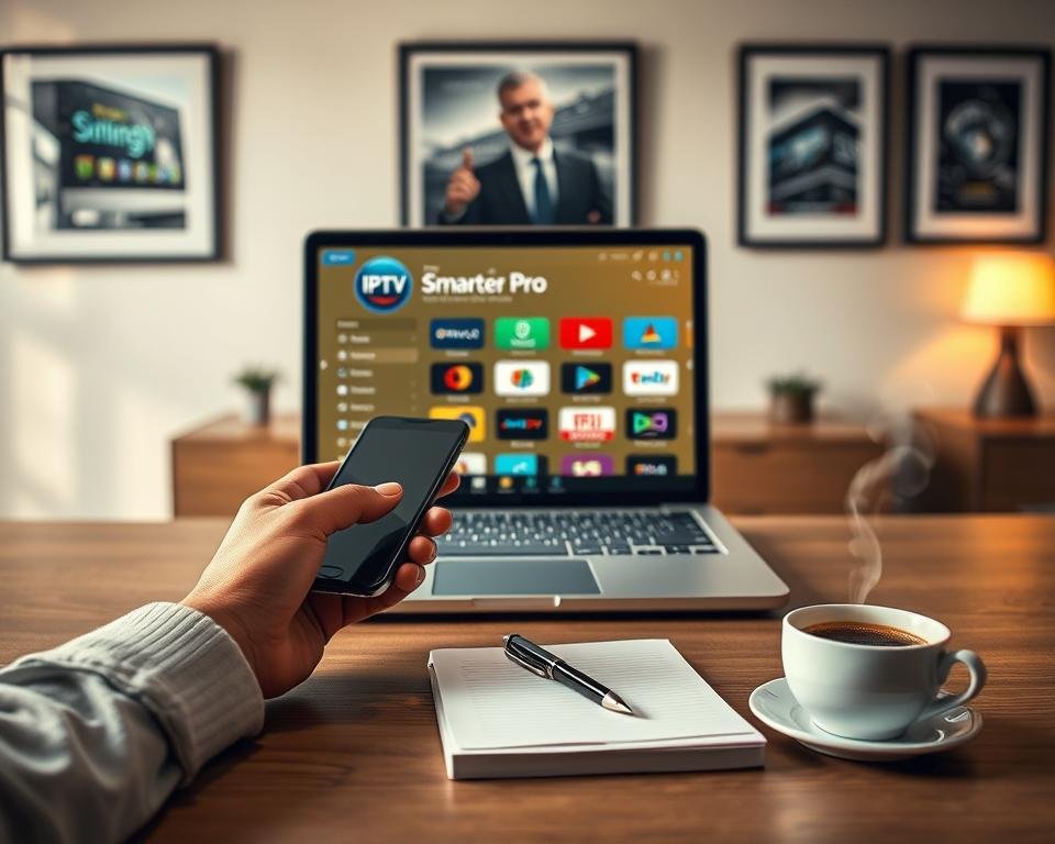 A modern, sleek workspace featuring an open laptop displaying the IPTV Smarter Pro application interface, with icons representing streaming services arranged around it. In the foreground, a pair of hands engaging with a smartphone for installation setup. In the middle, a desk organized with a notepad and pen for jotting down installation prerequisites, alongside a cup of coffee emitting steam. The background includes a softly blurred wall with framed tech-themed artwork, enhancing a professional atmosphere. The lighting is warm and inviting, with soft shadows to create depth. The overall mood is focused and productive, emphasizing the importance of preparation before installation.