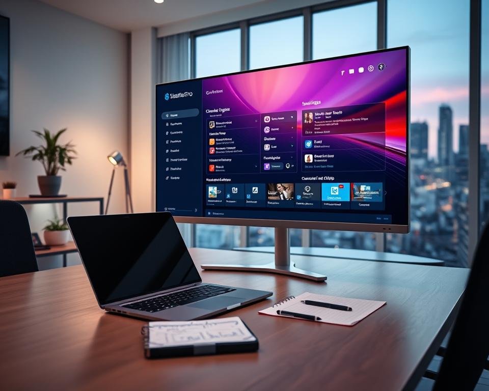 A modern, sleek workspace showcasing the Windows Smarters Pro application on a large monitor. In the foreground, a well-organized desk features a high-end laptop and a notepad with technical notes. The middle ground presents the large screen displaying the Windows Smarters Pro interface, emphasizing features like channel lists and user settings in a vibrant and user-friendly layout. The background shows a softly illuminated room with ambient lighting, a potted plant on a shelf, and a window revealing a city skyline at dusk. The overall mood is professional and inviting, suggesting readiness for installation. The angle should be slightly elevated, focusing on the monitor while capturing the desk elements in a clean and unobtrusive manner.