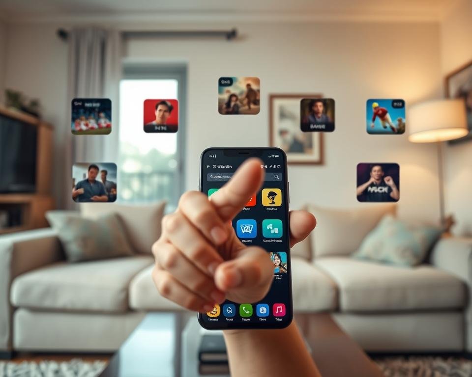 A modern smartphone displaying the IPTV Smarters Pro app interface, with vibrant icons and user-friendly design, positioned prominently in the foreground. In the middle, a blurred hand gestures towards the phone, showcasing a seamless installation process. Surrounding the phone, icons of diverse streaming content such as movies, sports, and shows add to the theme of entertainment. The background features a cozy living room setting, with a soft couch and ambient lighting creating a warm, inviting atmosphere. The overall mood conveys ease and accessibility, with soft natural light streaming in from a nearby window, enhancing the inviting and tutorial-like feel of the image, captured at eye level to create a relatable perspective.