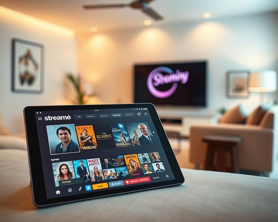 A modern streaming application interface displayed on a sleek, high-resolution tablet. In the foreground, the tablet shows a vibrant home screen filled with colorful thumbnails of movies and series, sleek navigation menus, and user-friendly icons. The middle ground features a stylish living room with contemporary furniture, ambient lighting casting a warm glow, creating an inviting atmosphere. The background includes a large, flat-screen TV displaying a streaming service logo, enhancing the modern aesthetic. The scene is captured from a slight overhead angle, emphasizing the tablet's screen while showcasing the cozy setting. Soft, diffused lighting creates a relaxed mood, reflecting a high-quality user experience. No text or watermarks are included.