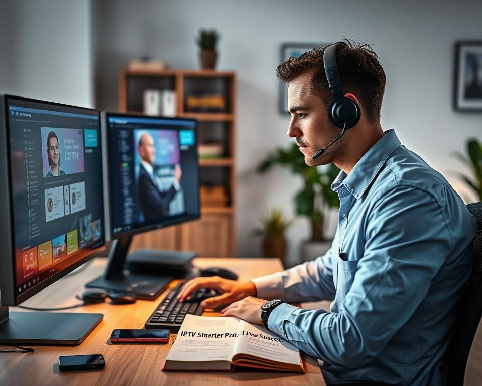 A modern tech support scene depicting a professional support technician engaged in assisting a customer via a streaming application. In the foreground, show a focused technician in a crisp collared shirt and headset, intently interacting with a computer, illuminated by a soft glow from dual monitors displaying the IPTV Smarter Pro interface. In the middle, a neatly organized desk with tech gadgets like a smartphone and tablet, and an open notebook with notes on IPTV services. In the background, a cozy office space with shelves of tech-related books and a potted plant, contributing to a warm and inviting atmosphere. Use bright lighting to create a sense of clarity and professionalism, with a slight depth of field for added focus on the technician. The overall mood should reflect efficiency and customer-centered support.