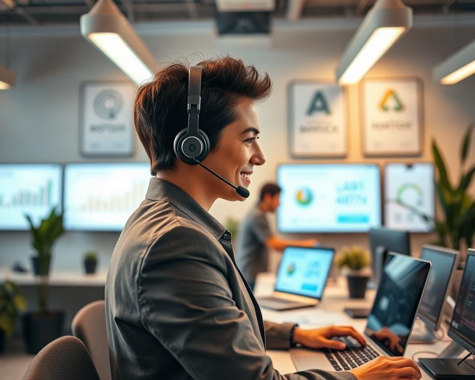 A modern tech support scene illustrating "technical support and customer assistance" in an office environment. In the foreground, a professional support agent in business attire, attentively engaging with a laptop and a headset, displaying a friendly demeanor. The middle ground features a clean, sleek office with a service desk equipped with multiple monitors showing graphs and customer satisfaction metrics. In the background, softly blurred, is a wall with motivational tech-related posters and plants, creating a welcoming atmosphere. The lighting is bright and warm, emanating from overhead LED lights, giving the space an inviting feel. The overall mood emphasizes professionalism, reliability, and a focus on customer care. The angle captures the agent's engagement, highlighting the essence of dedicated support.