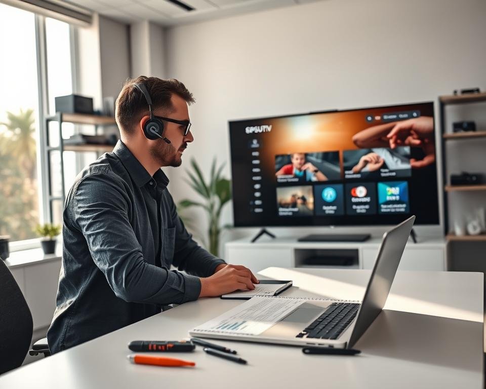 A modern tech support scene showcasing a professional IT technician in a sleek office environment, assisting a customer with an IPTV Smarter Pro setup on a large smart TV. The technician, wearing a business casual outfit, is attentively explaining features and troubleshooting issues. In the foreground, there is a well-lit, organized desk with a laptop, tools, and a notepad filled with technical notes. The middle ground features the large smart TV displaying a user-friendly interface. In the background, elements like shelves with tech devices and a window showing a bright, sunny day create an inviting atmosphere. Soft, natural light pours in, casting subtle shadows. The scene evokes a sense of reliability, efficiency, and professionalism.