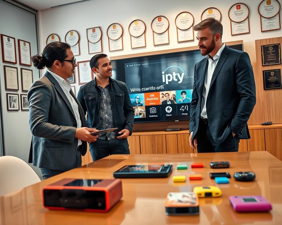 A modern technical support scene focused on IPTV streaming application assistance. In the foreground, a diverse group of three professionals—two men and one woman—dressed in smart-casual attire, are engaged in a discussion. One is pointing at a tablet displaying the IPTV interface, while the other two are attentively listening, showing expressions of concentration. The middle ground features a sleek, modern office with a large screen displaying streaming options, and colorful tech gadgets scattered on a polished table. The background showcases a wall with certificates and awards, subtly highlighting expertise. The lighting is bright and natural, with an inviting atmosphere, creating a sense of collaboration and support. The image is captured from a slightly elevated angle to emphasize teamwork.