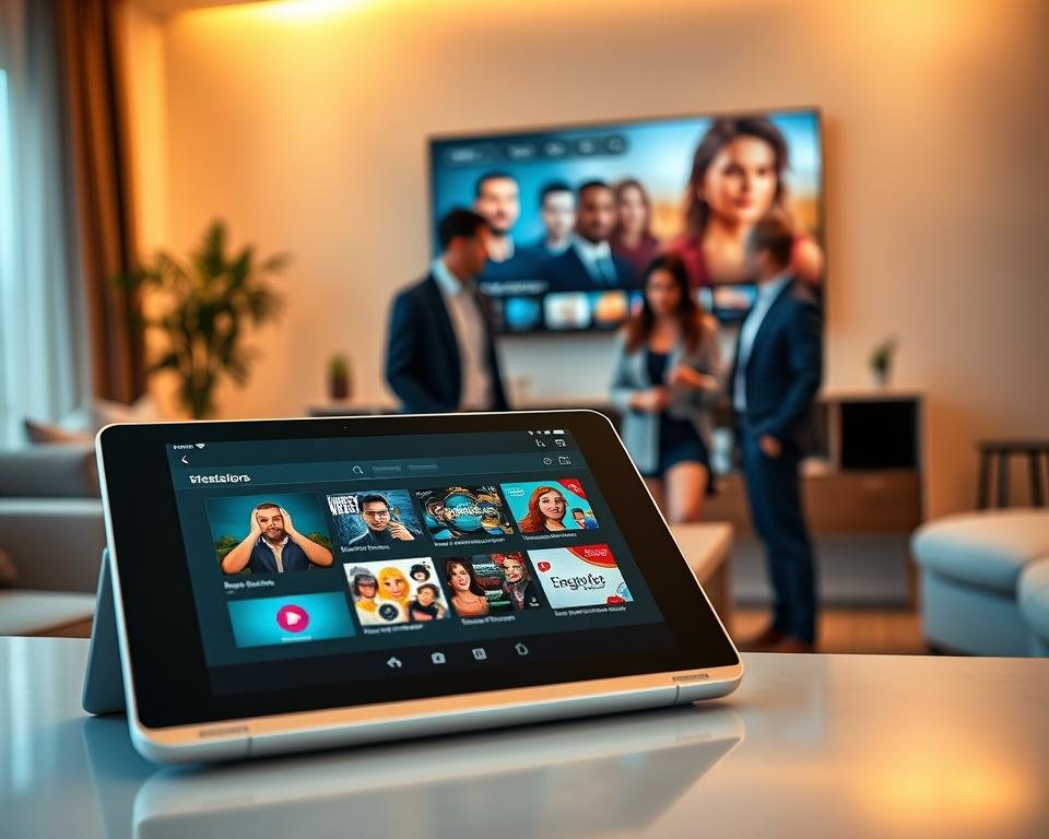 A modern, user-friendly IPTV Smarters Pro application interface displayed on a sleek tablet. In the foreground, a close-up of the tablet screen showcases an elegantly designed interface with vibrant icons and an intuitive layout, emphasizing ease of navigation. In the middle ground, a diverse group of three professionals in smart casual attire engages with the application, discussing content selection. In the background, a cozy living room setting with a large wall-mounted TV displaying a streaming service mockup, accentuated by warm, inviting lighting that creates a relaxed atmosphere. The scene captures a harmonious blend of technology and everyday life, with a focus on usability and engagement in the viewing experience.