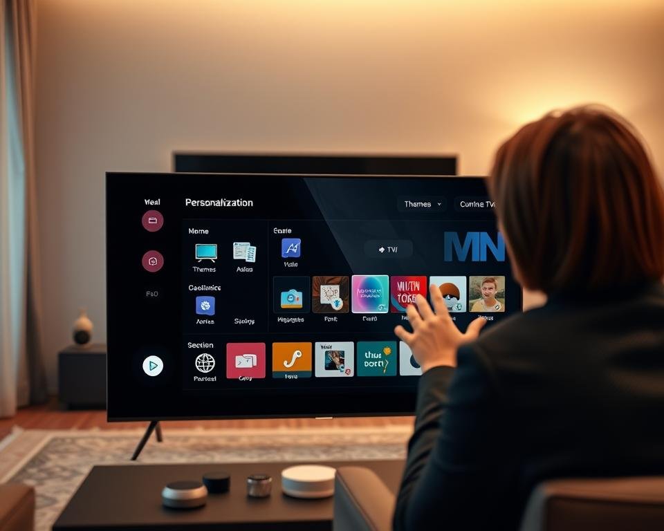 A modern user interface for a personalization application streaming on an Android TV. In the foreground, a sleek, interactive touchscreen displaying various app icons and customization options like themes and fonts, with a person in professional attire thoughtfully exploring the interface. The middle layer features the Android TV setup, showcasing an ambient room setting with a large television screen and comfortable seating. The background highlights soft, warm lighting to create a cozy atmosphere, with smart home devices subtly integrated into the decor. The lens captures a slight depth of field to emphasize the interface while gently blurring the surroundings, conveying a user-friendly and engaging atmosphere.