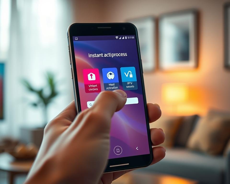 A modern, visually appealing digital interface representing "instant activation process" for an IPTV app. In the foreground, a sleek smartphone displaying the IPTV Smarters app interface with vivid icons and a progress bar indicating the activation process. The middle features a hand gently touching the screen, emphasizing user interaction. The background showcases a blurred home setting with soft lighting, creating a relaxed atmosphere, hinting at a cozy living space. Warm, inviting tones enhance the mood, while subtle reflections on the phone screen add depth. The angle is slightly tilted for a dynamic perspective, ensuring the focus remains on the activation process visually. A modern, visually appealing digital interface representing "instant activation process" for an IPTV app. In the foreground, a sleek smartphone displaying the IPTV Smarters app interface with vivid icons and a progress bar indicating the activation process. The middle features a hand gently touching the screen, emphasizing user interaction. The background showcases a blurred home setting with soft lighting, creating a relaxed atmosphere, hinting at a cozy living space. Warm, inviting tones enhance the mood, while subtle reflections on the phone screen add depth. The angle is slightly tilted for a dynamic perspective, ensuring the focus remains on the activation process visually.